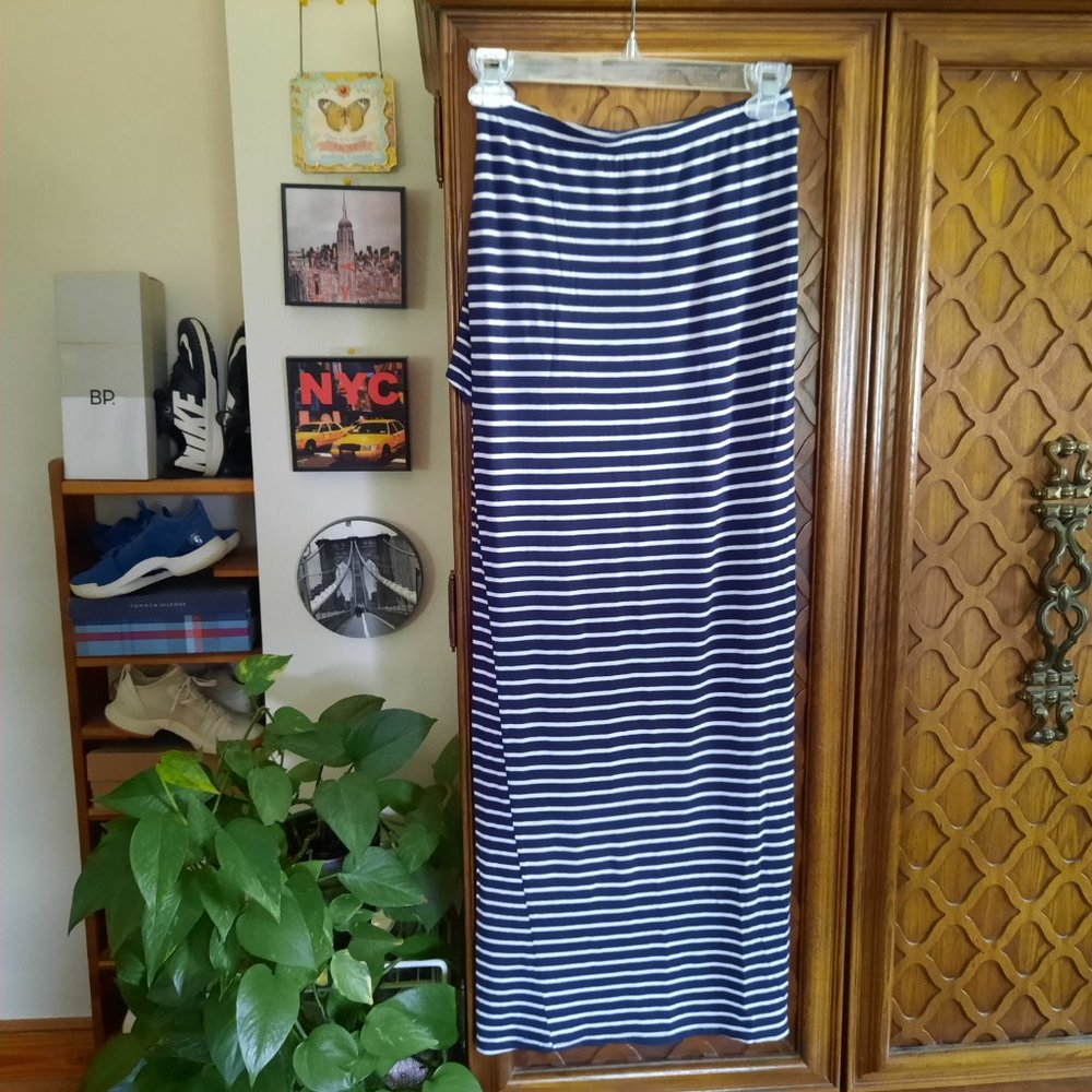 Micro-Striped Tie Wrap Maxi Skirt - Navy/White, Size S - Picture 9 of 16